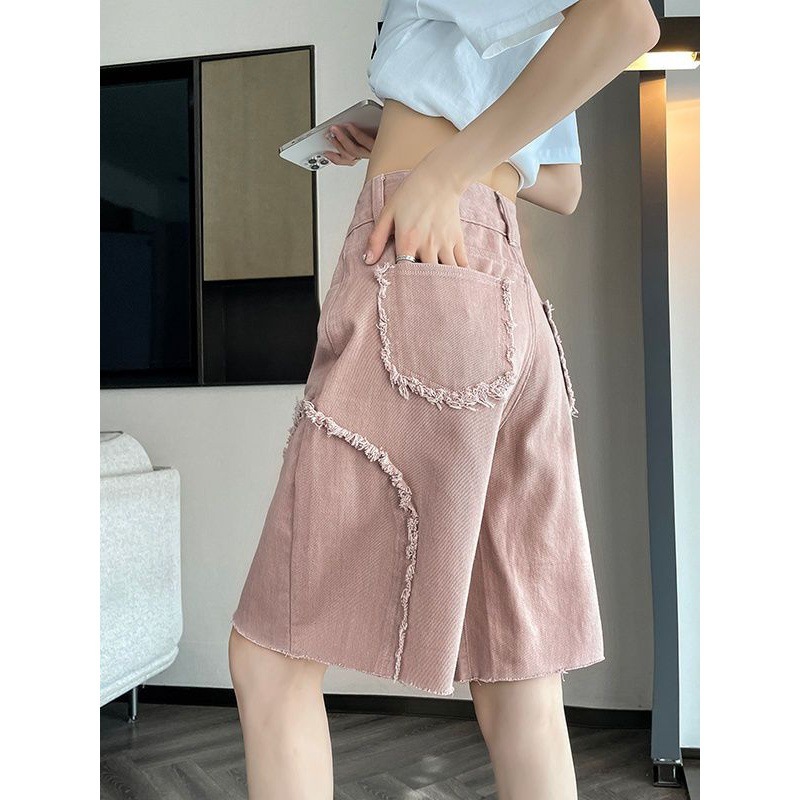 2025S Women S Designer Shorts Women S Summer New High Waist Slim And Loose Wide Legged Middle Pants With Half Fleece Edge Pink Jeans Hot Pants Beach P