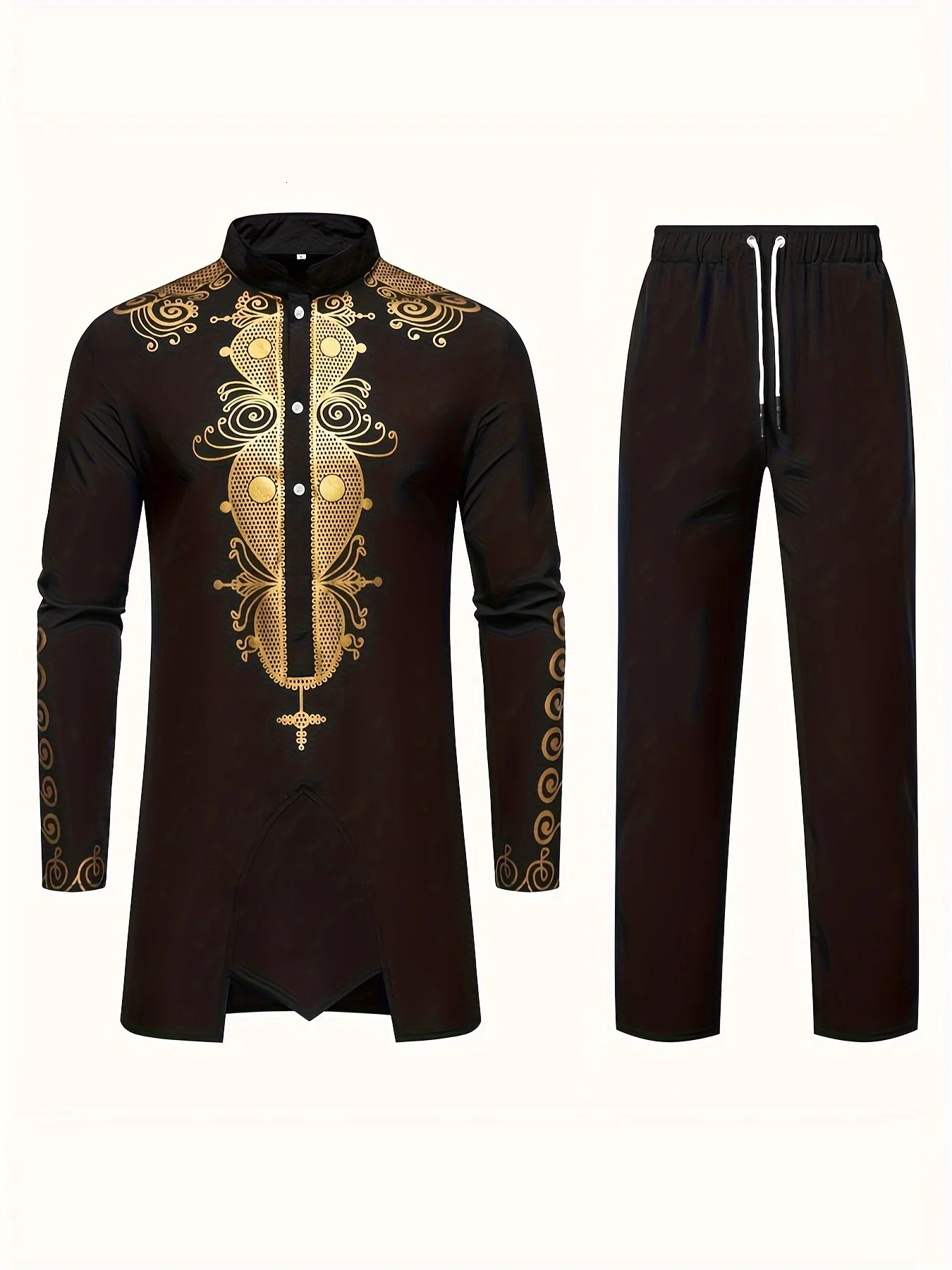 Traditional culture mens suit Muslim personalized 3D printed pattern Arabic dress loose and breathable twopiece set 250409