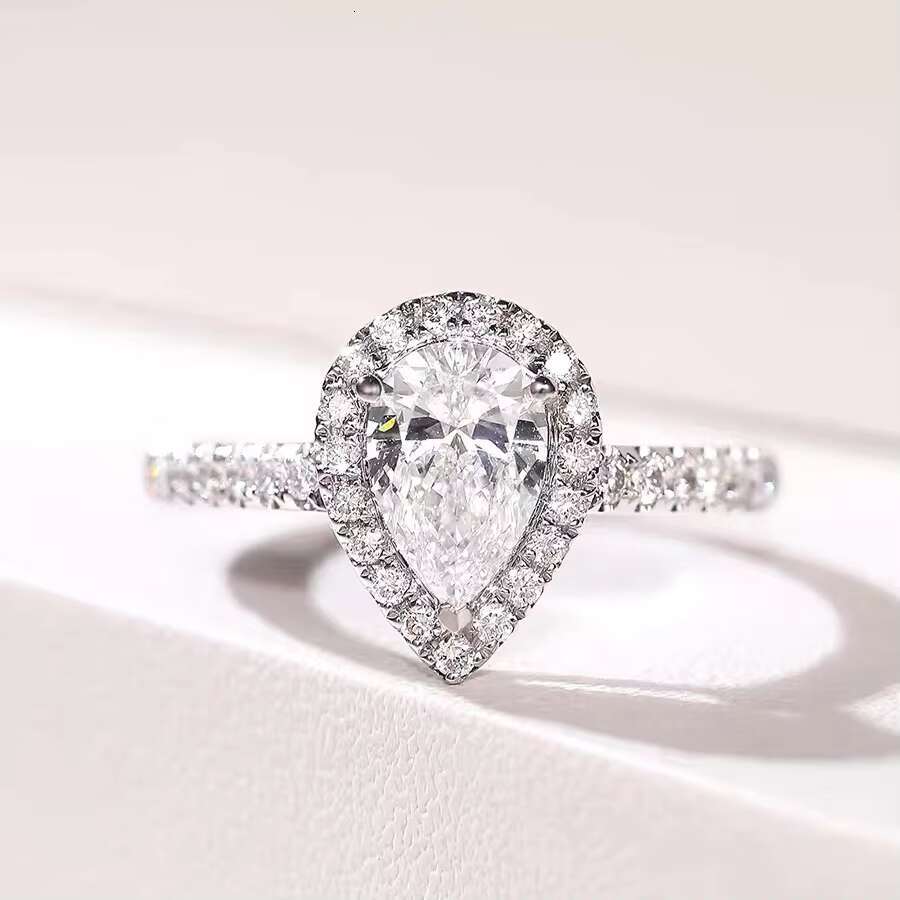 Fine Jewelry 1CT Pear with halo Moissanite Diamonds Wedding Ring and Band 18K White Gold Moissanite Rings Set