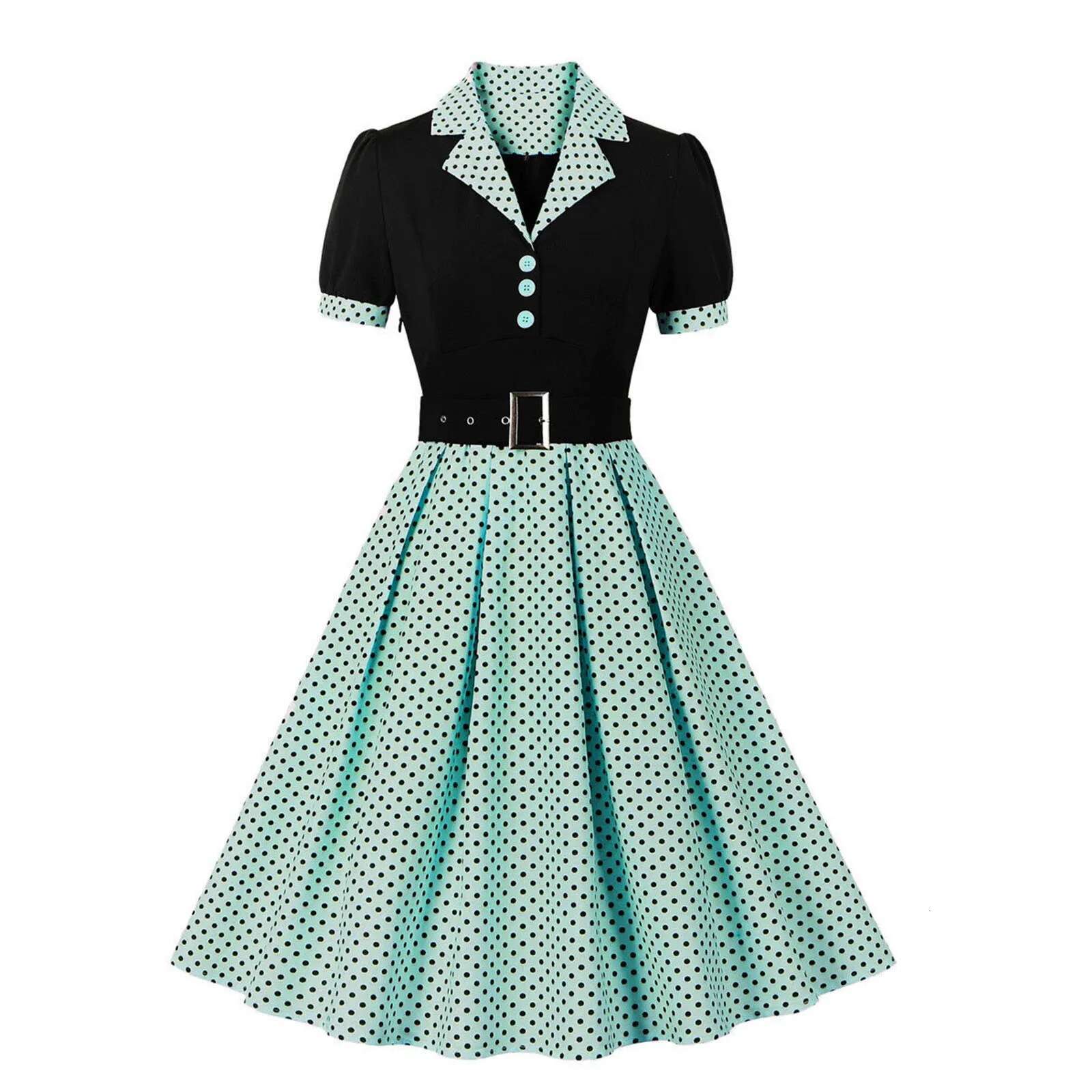 Dongdumaoyi Notched Collar Two Tone Patchwork Polka Dot Summer Dress Women Elegant Vintage Clothes Button Belted S Rockabilly
