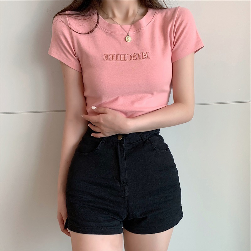 2025S Designer Women S T Shirt Summer New Korean Version Letter Embroidery Slim Fit Short Sleeved T Shirt Female Student Top Women S Fashion