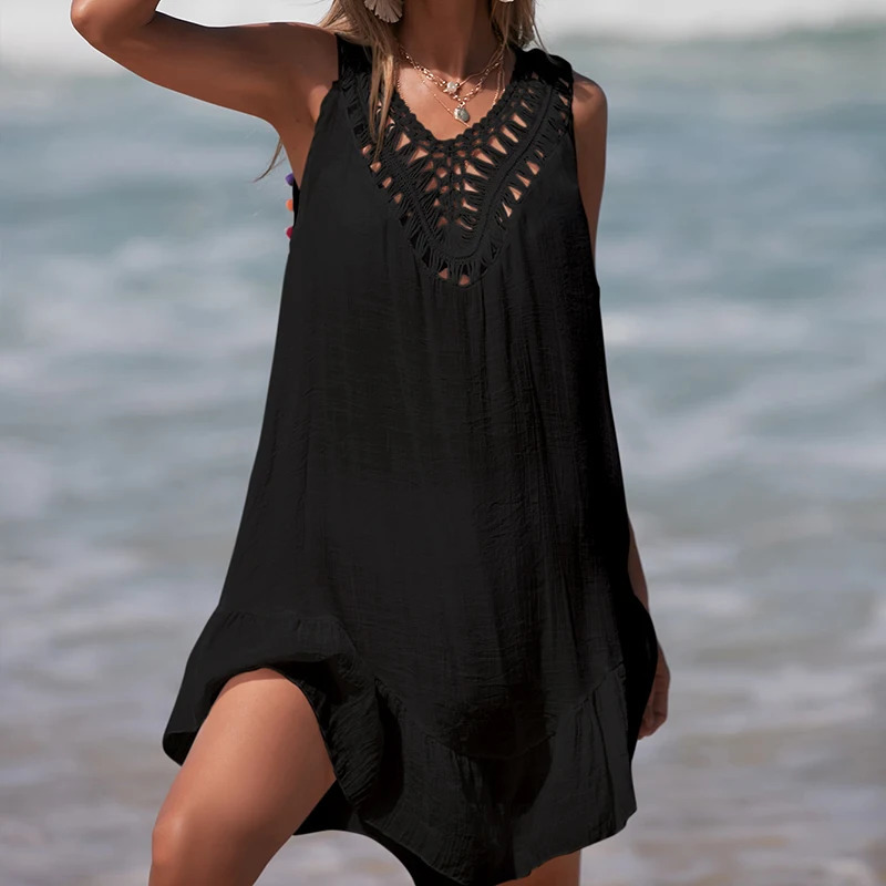 Womens Vneck backless hollow short crochet spliced black fungus dress with colorful ball beach swimsuit cover 250409