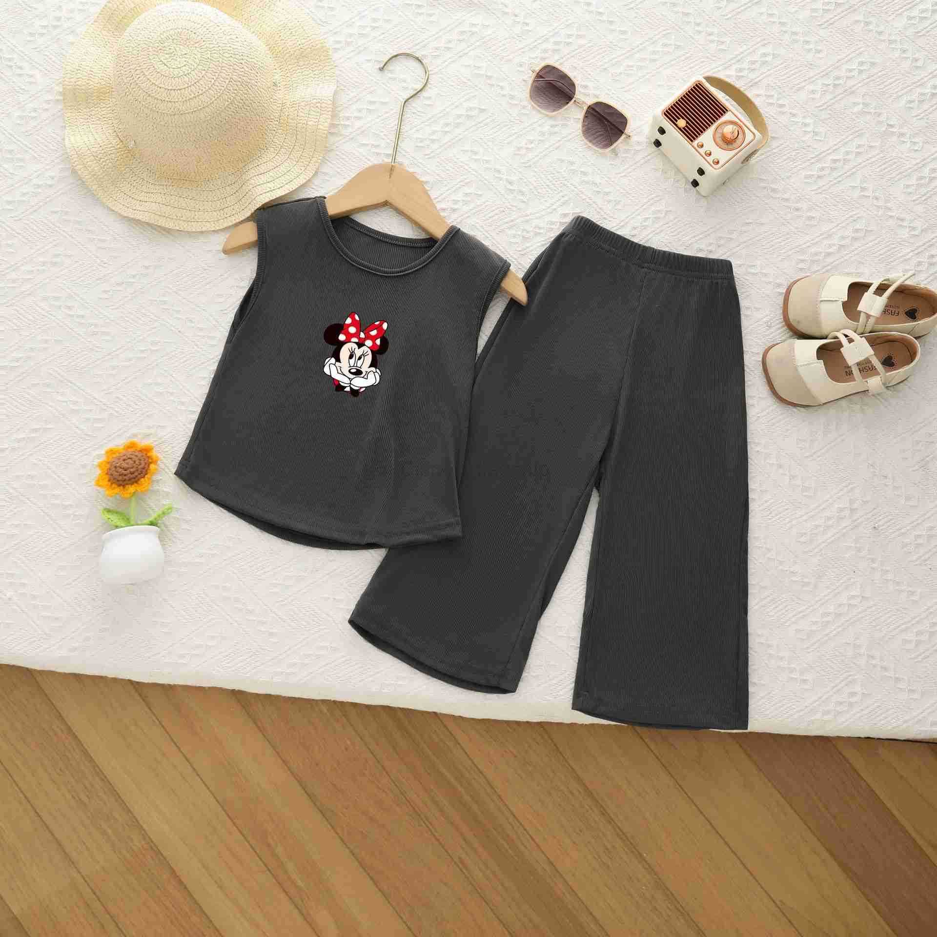 Disney Childrens Cartoon 2025 Summer New Sleeveless Ice Silk Set Tank Top Loose and Comfortable Two Piece Set for Girls SummerXJ250409