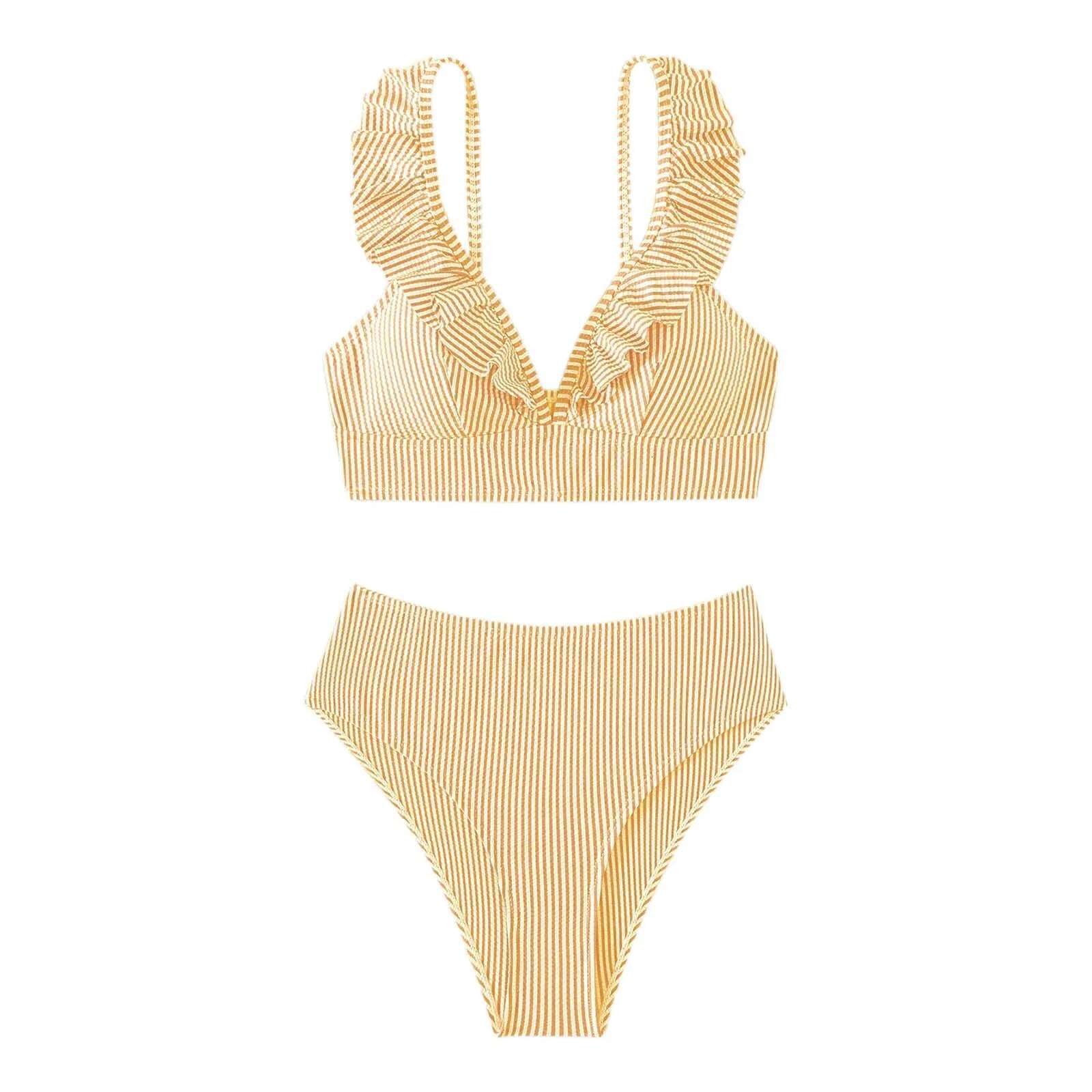 Dongdumaoyi Sexy Striped Ruffle Bikini Swimsuit Women Two Piece Swimwear High Waisted Bikinis Sets Female Bathing Suit Push Up Monokini
