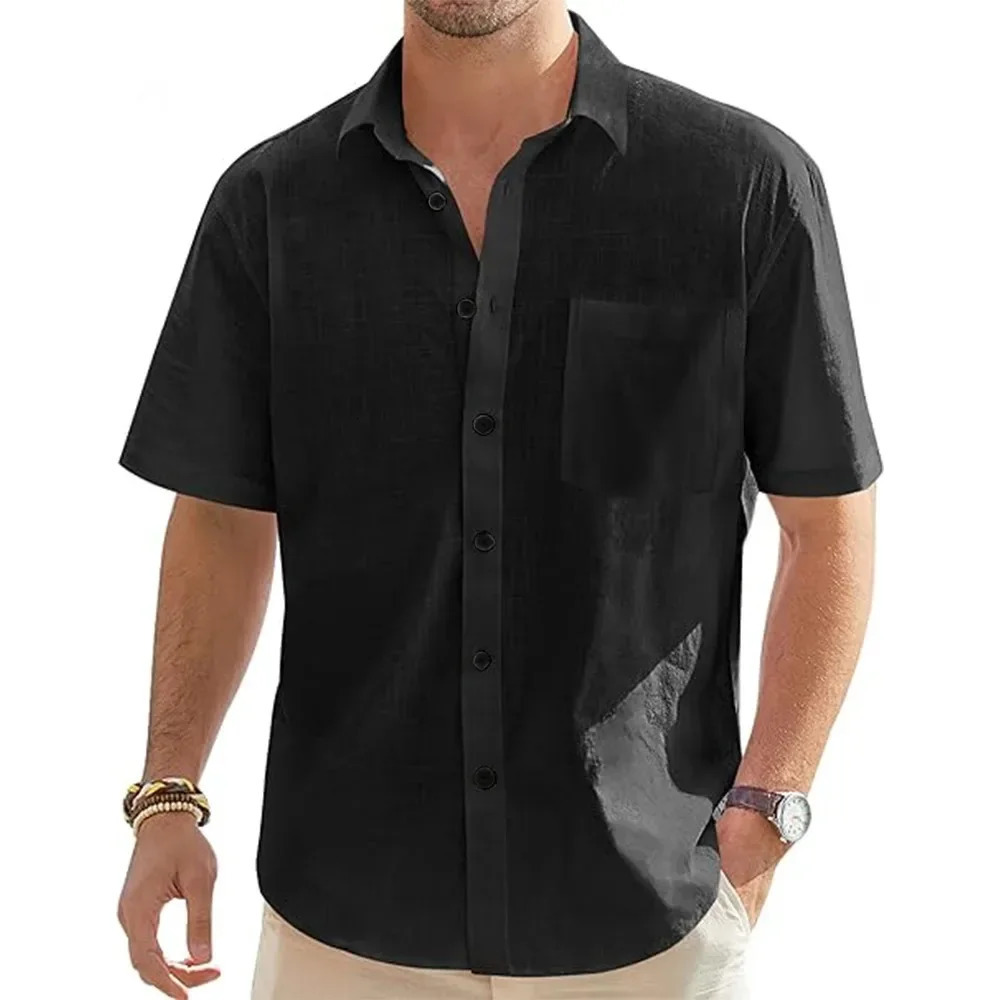 Mens Solid Color Cotton Linen Short Sleeve Shirts Vacation Beach Summer Tops with Pocket Casual Lightweight Button Shirts 250409