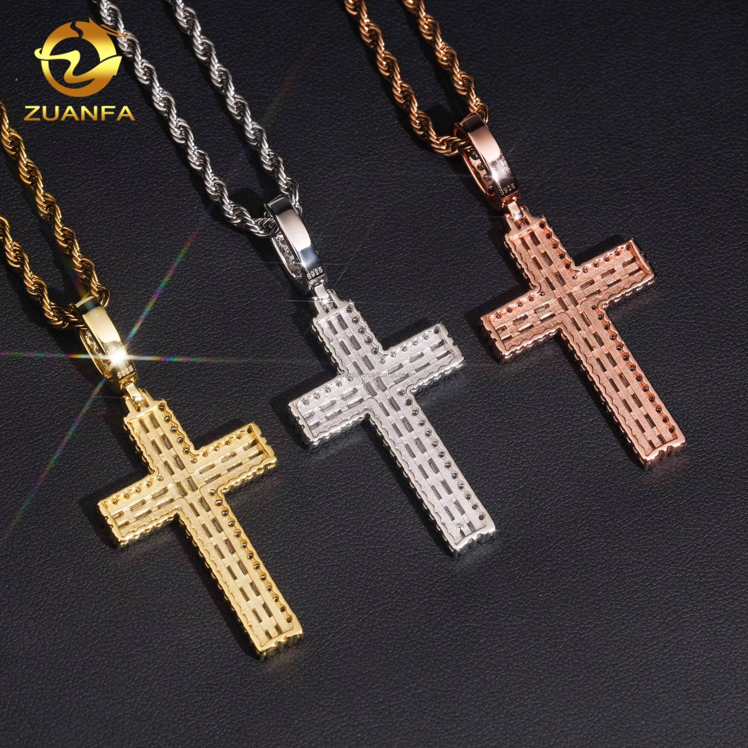 New Arrivals Trendy Fashion Man LuxuryJewelry Hip Hop Pendant S925 VVS1 Baguette Moissanite Diamond Cross Pendant Necklace Set