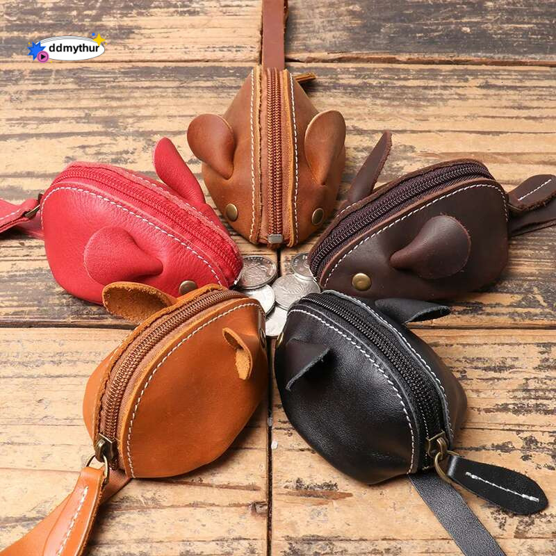 Vintage Mini Coin Purse Genuine Leather Small Wallet Men Women Brown Fashion Cute Mouse Storage Bag Trend Zipper Pocket ddmythur