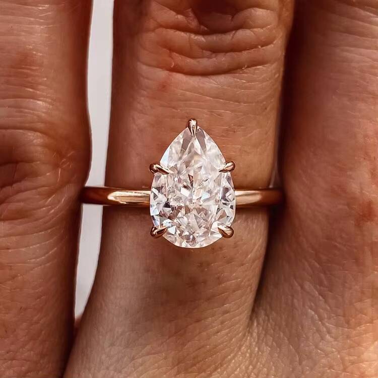 Simple Design 5 Prongs Setting 2ct Pear Cut Moissanite 14K White Solid Gold Engagement Rings