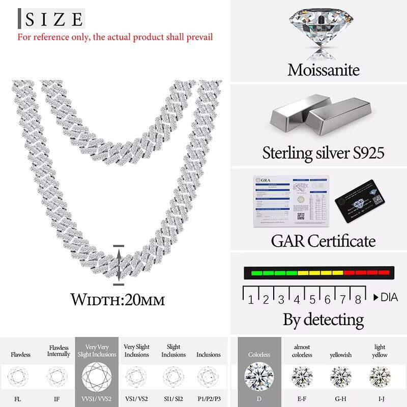 Cubana Hip Hop Jewelry Bling 20mm Sterling Silver 1 Row VVS Moissanite Diamond Iced Out Miami Cuban Link Chain Necklace