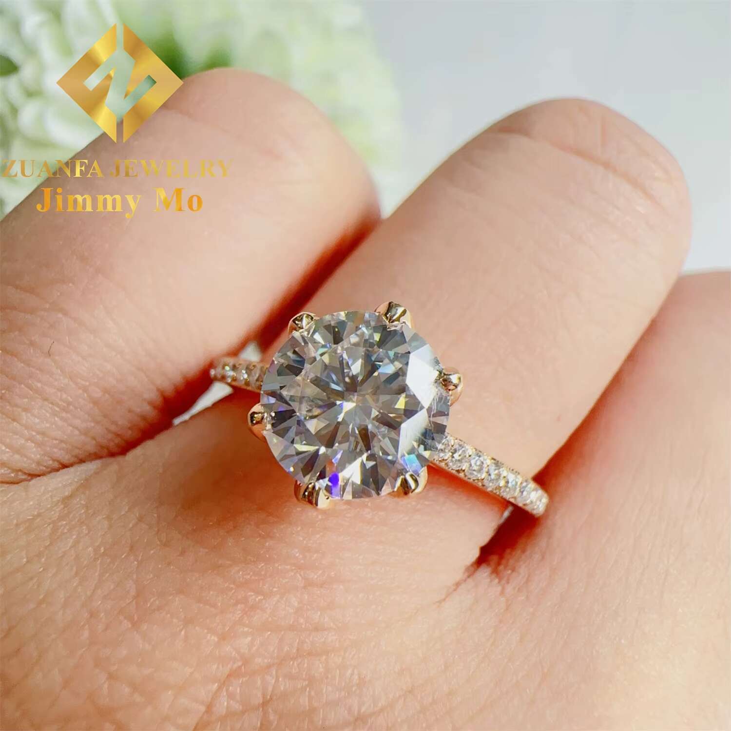 Luxury Bridal Jewelry Elegant 14k Solid Yellow Gold 2Ct Round Brilliant Moissanite Diamond Flower Engagement Ring