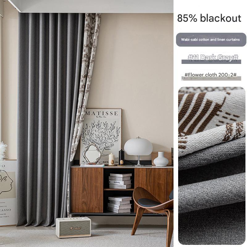 D325 wabi-sabi style cotton and linen curtain fabric high light-proof sun-proof sound-proof living room bedroom high-grade gray curtain finished produ