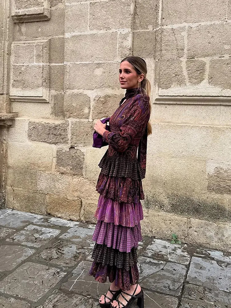 Color printed laminated pleated hem long skirt fashionable lantern sleeve Uneck dress womens vacation street vest 250409