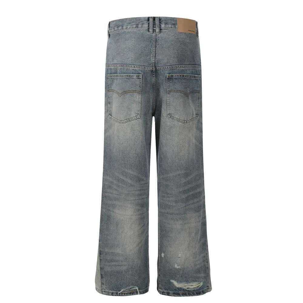 Ripped Spliced Jeans Mens Washed Distressed High Street Retro Loose Straight Flare Denim Pants Men