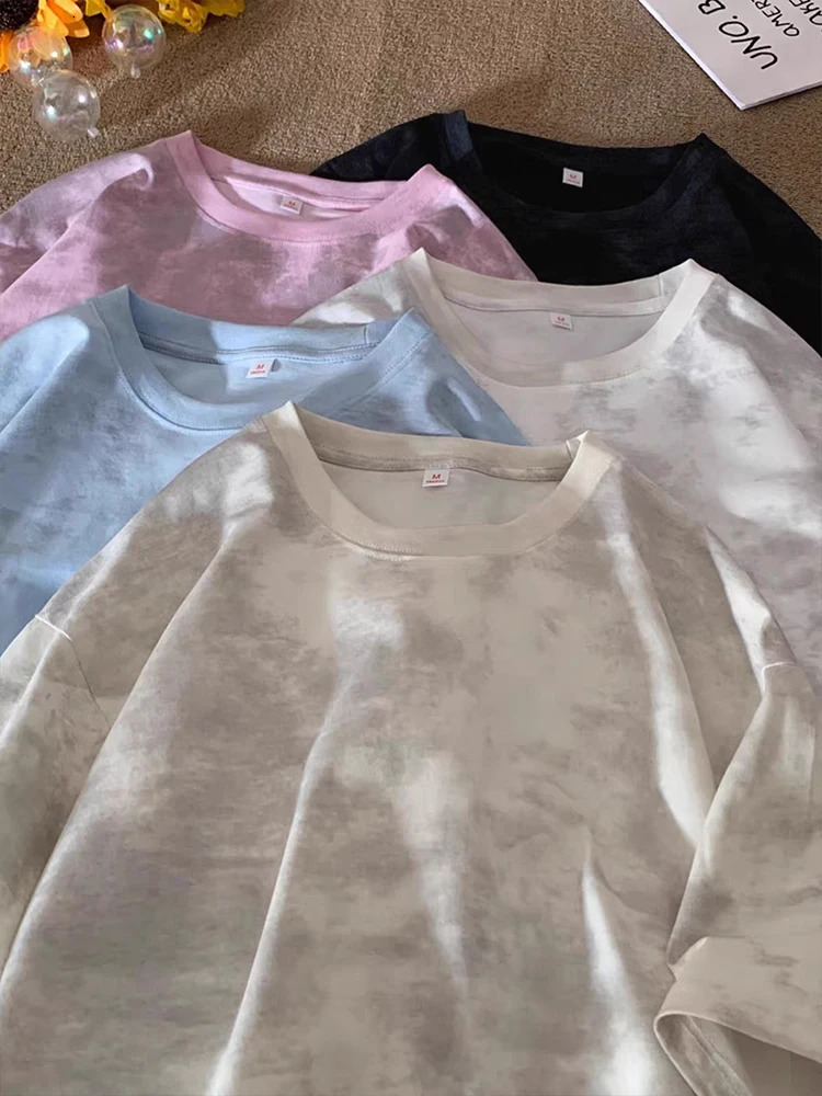 250GSM summer tie dye T-shirt mens street retro pure cotton top Y2K T-shirt short sleeved oversized T-shirt 250402