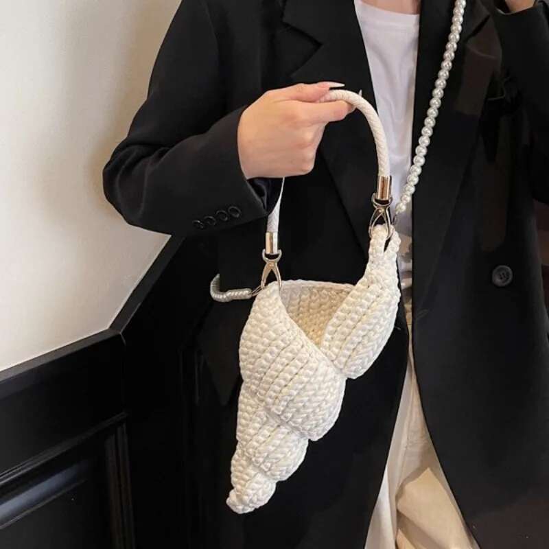 Creative Conch Shaped Crochet Women Shoulder Bags Funny Cute Pearls Chain Shell Crossbody Bag Handmade Novelty Small Purses