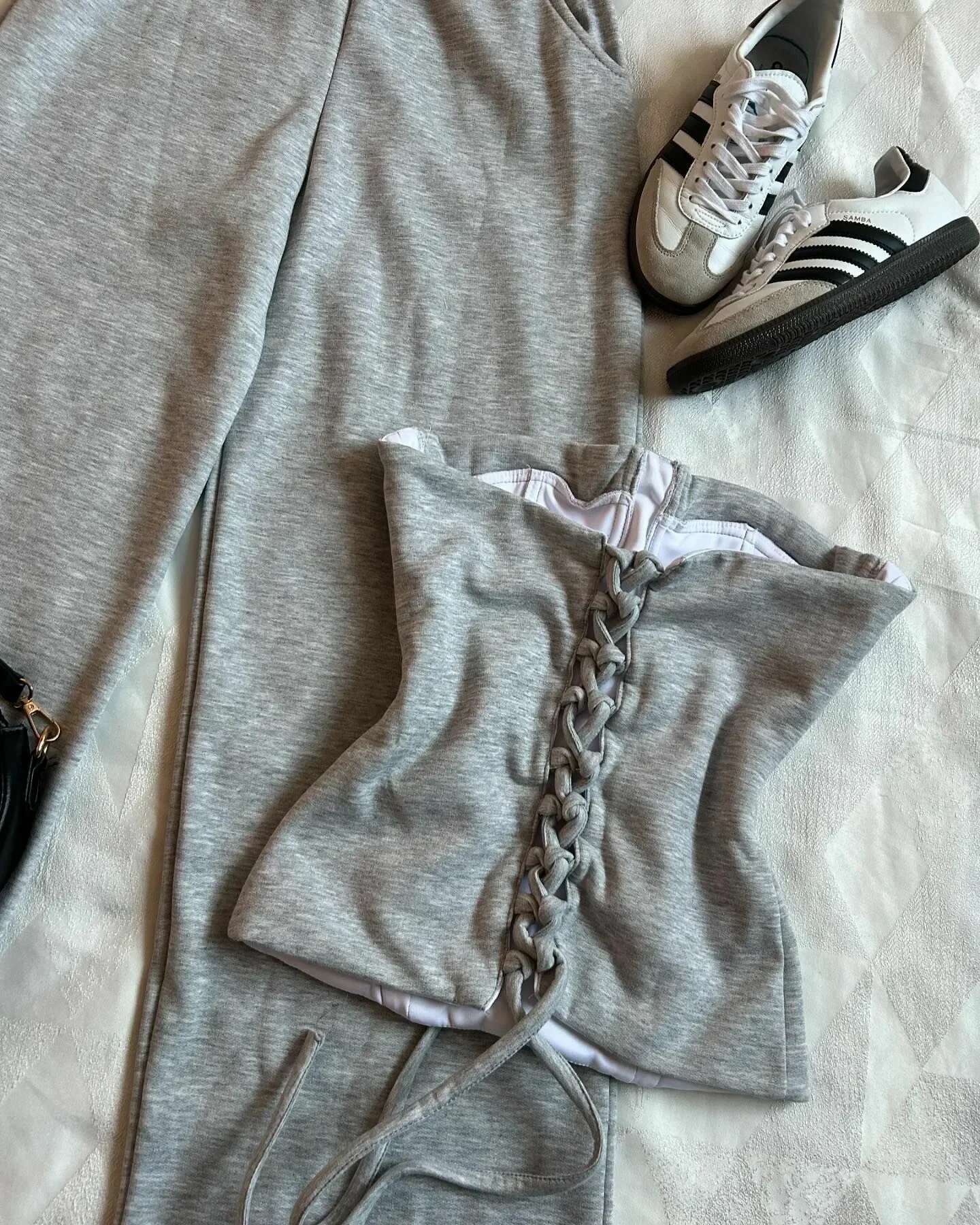 Y2K New retro light gray for women sexy slim body suit Goth high waist casual sweatpants hot girls spring two-piece set
