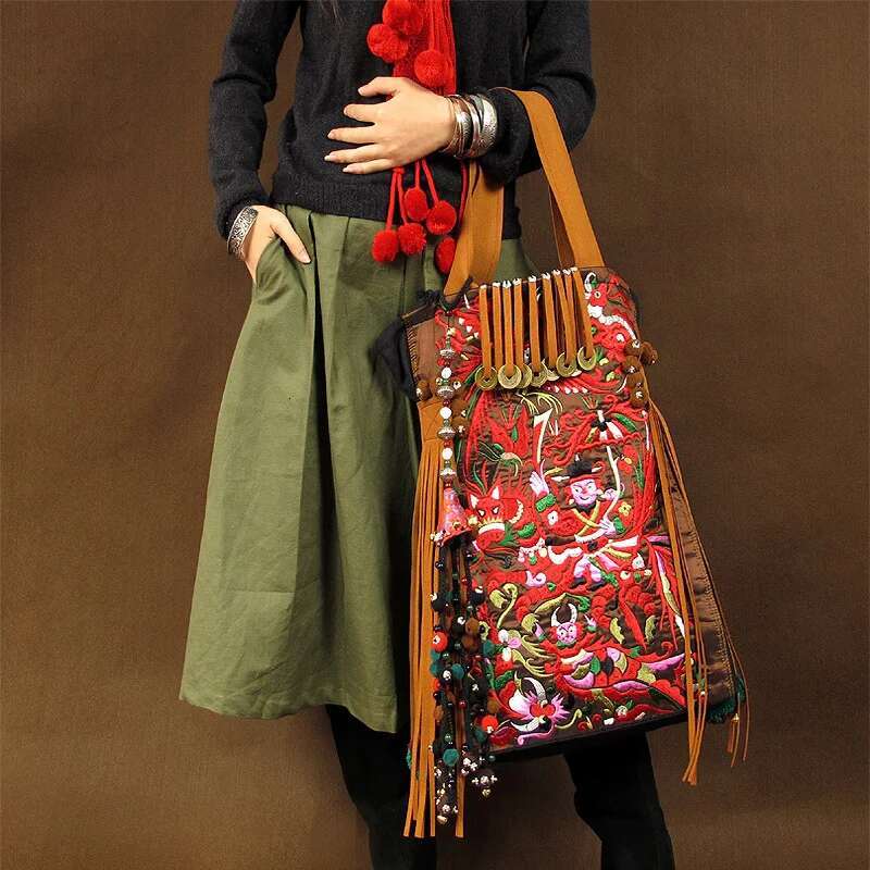 Chinese Bohemia Travel Cotton En Embroidery Canvas Shoulder Bag Ethnic Schoolbag Travelg Hiking Shopping Bag
