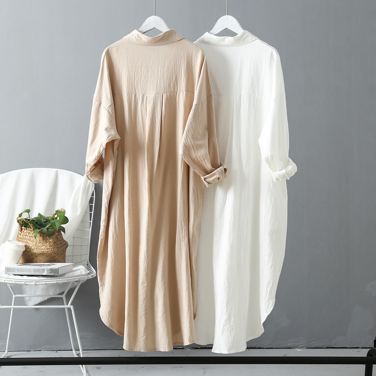 Cotton Linen Dresses White Shirt Dress Summer Women Outerwear Loose Mid-length Shirtdress
