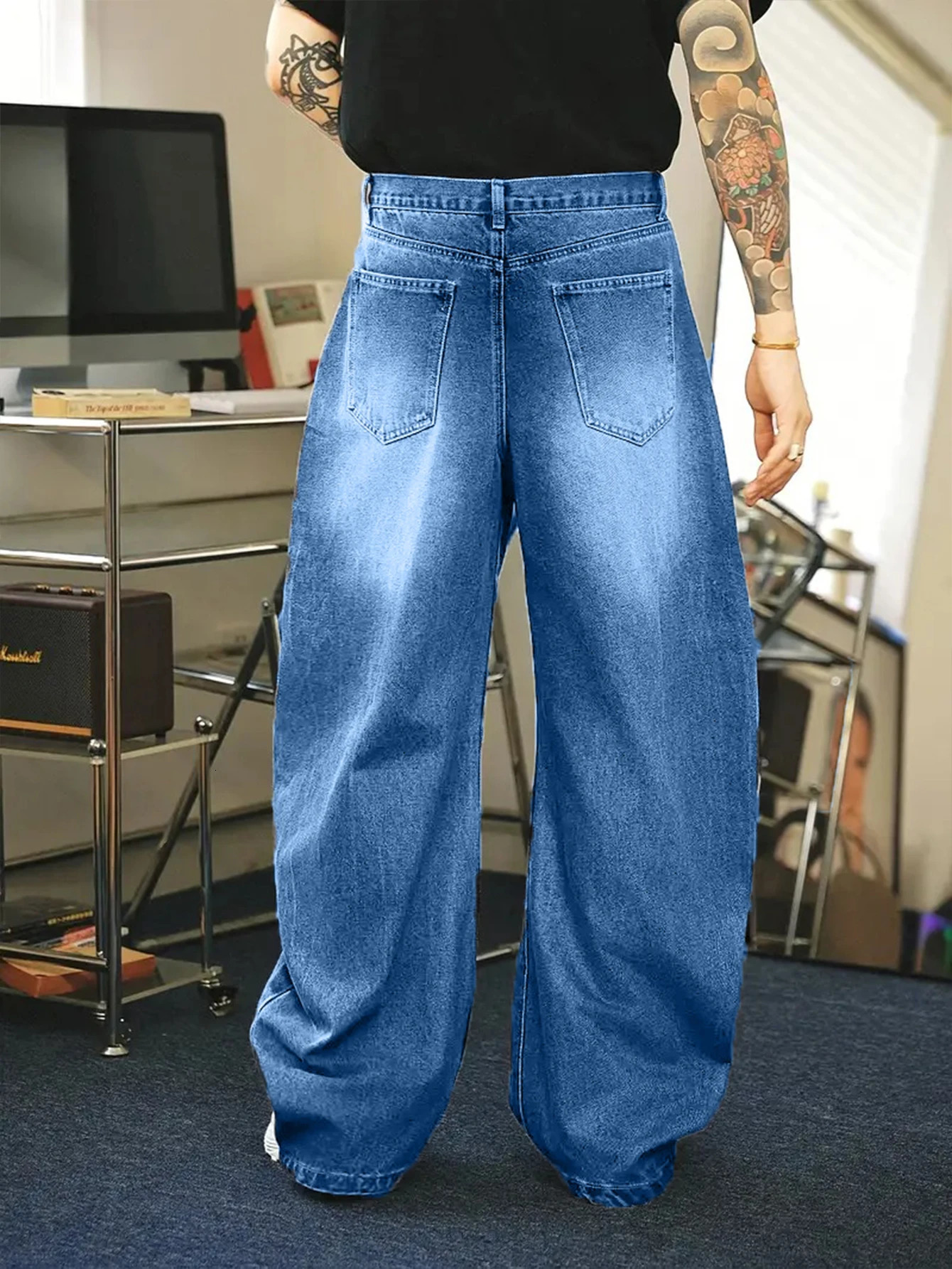 1Pc mens daily travel casual American street loose jeans black light blue sea blue fashion street style retro lantern jeans denim pants 250408