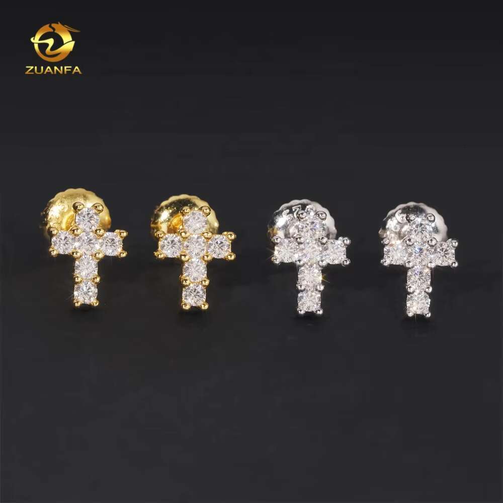 Fine Jewelry 925 Silver Pass Diamond Tester Hip Hop Mens VVS Moissanite Cross Earrings