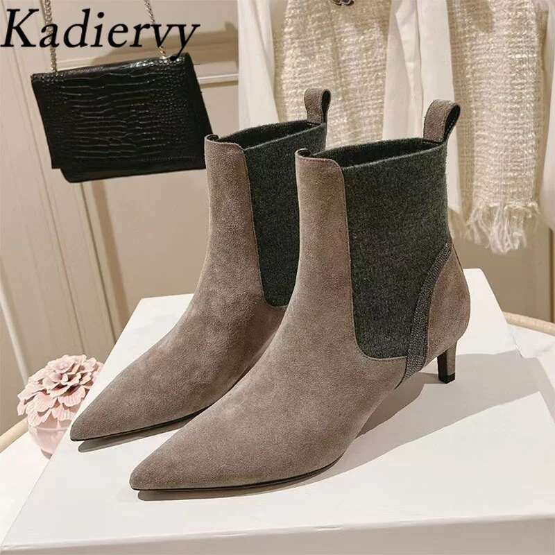 Sexy Kitten Ankle Cow Suede Pointed Toe Runway Shoes For Women String Bead High Heels Short Boots Woman