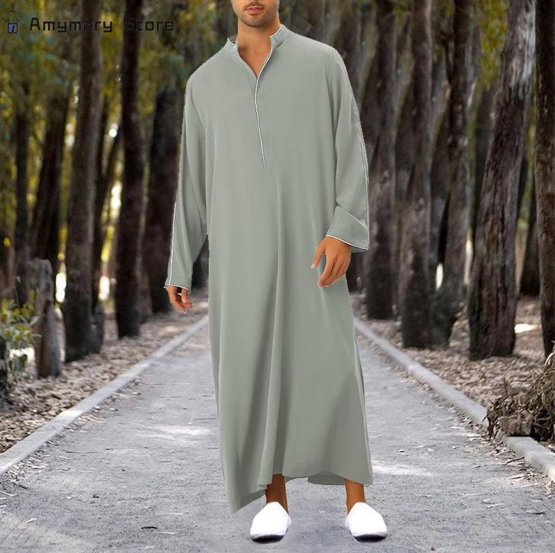 Loose Muslim Kaftan Robe Middle Eastern Mens Long Sleeve Arab Islamic Solid Color Maxi Dubai Abaya Juba Thobe Clothing 250409