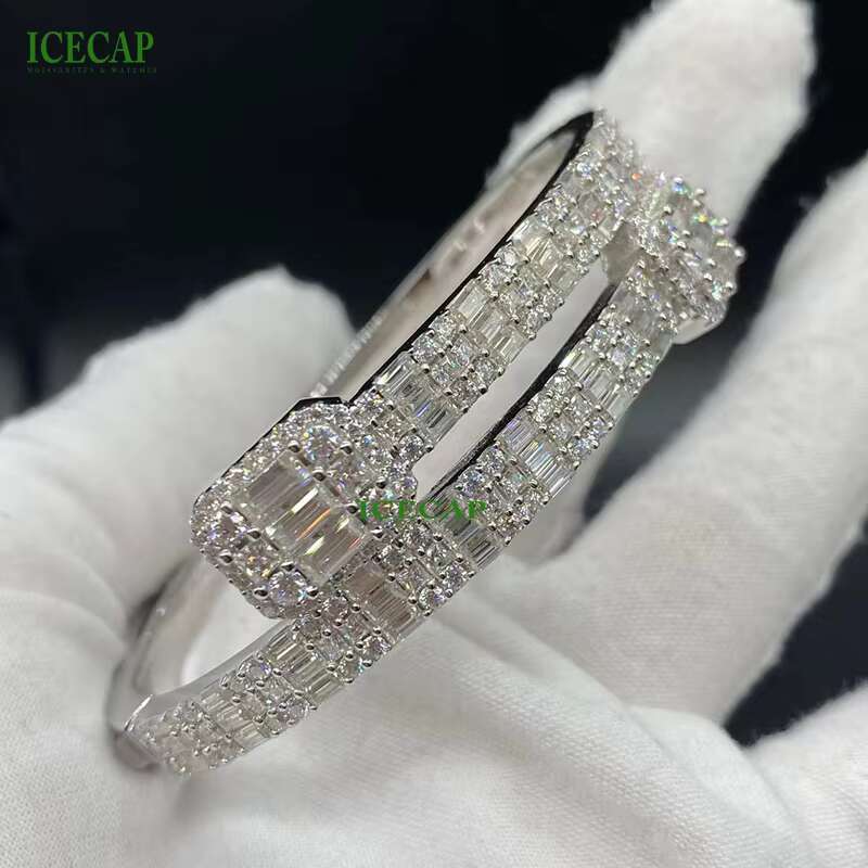 Baguette Moissanite Open Bangle Men Women Bracelet Iced Out VVS Moissanite Fashion 925 Silver Platinum Hip Hop Bracelet Charm
