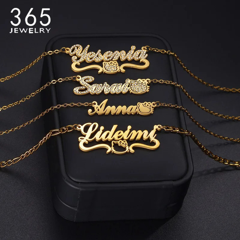 365 Multiple Personalized Name Necklace Cute Cat Shaped Custom Name Rhinestones Nameplate For Women Girls Jewelry Birthday Gifts 250409