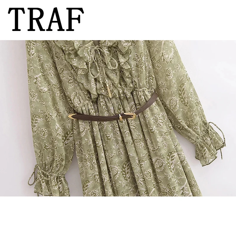 TRAF Womens Fashionable Printed Elegant Long Sleeve Dress with Midi Party 250409