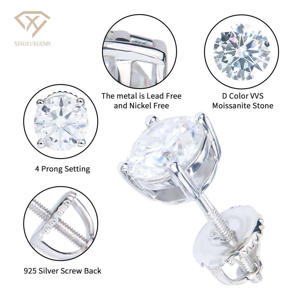 Fashion Jewelry 925 Silver Hypoallergenic Round Brilliant Cut Moissanite Cubic Zircon Gemstones 4-Claw Screw Stud Earrings