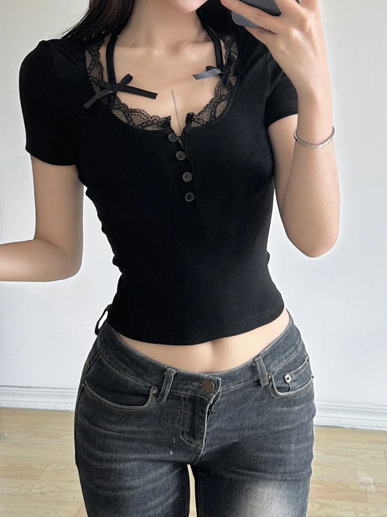 Halter Neck Lace Trim Bow Cute Black Y2K T-Shirt Women Button Up Slim Short Sleeve White Tees Sweet Balletcore Clothing 250409