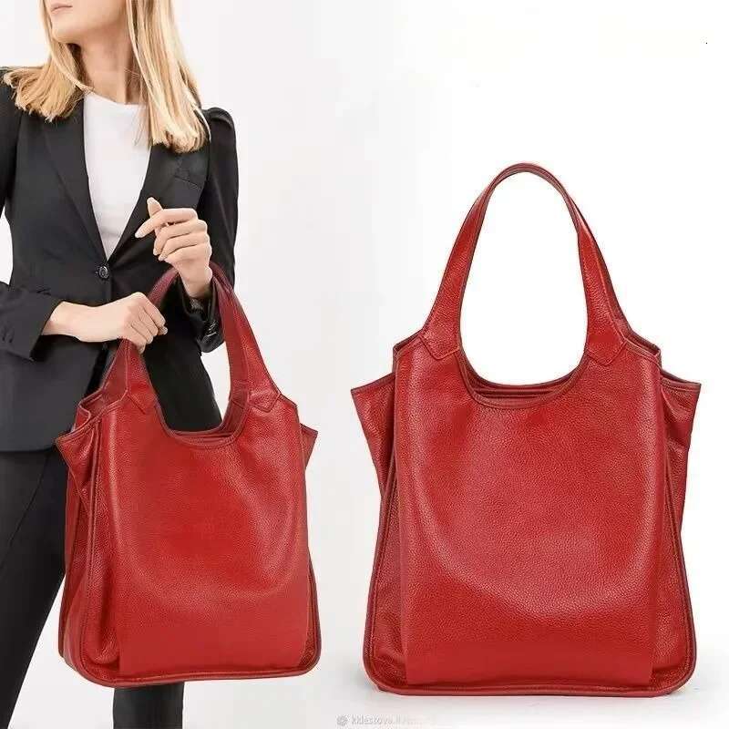 Soft Leather Black Red Large-Capacity Handbag Women's Shoulder Big Bag