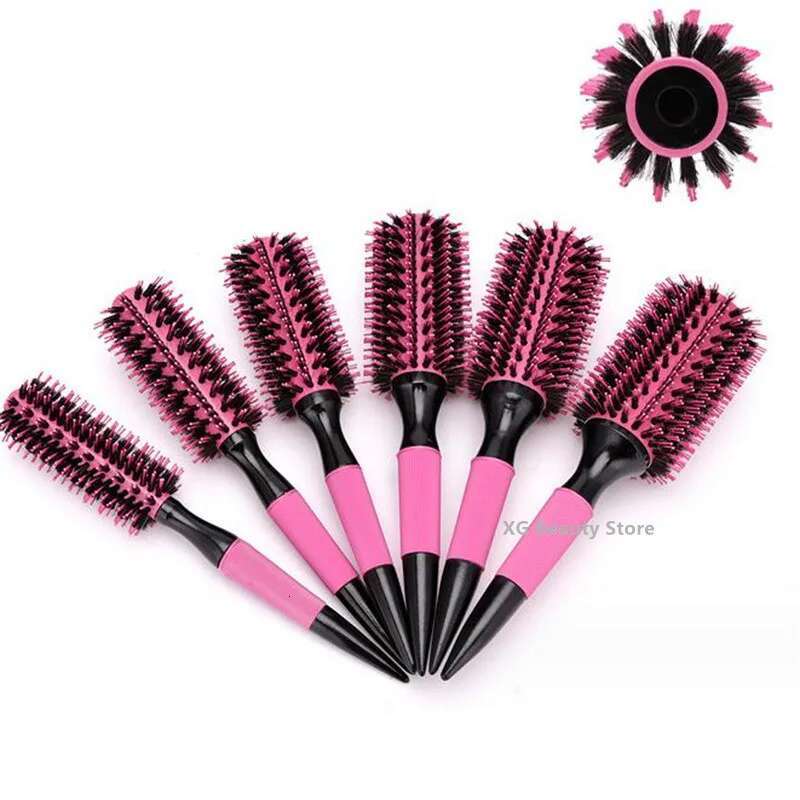 Professional 6Pcs/Set Pink Wooden Round Comb Boar Bristle Mix Nylon Hair Brush Hairdressing Styg Tool