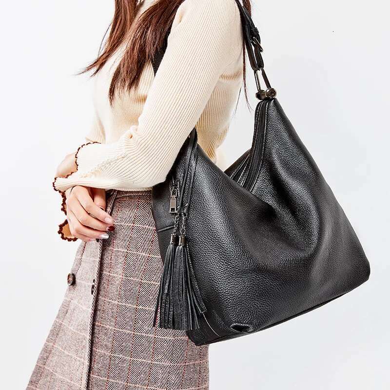 Zency Fashion Women Shoulder Bag 100% Genuine Leather Daily Casual Shopping Hobos Classic Black Tote Handbag Crossbody Bags