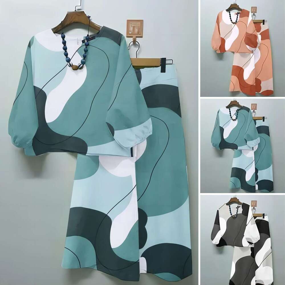 2025 Spring New Women's Geometric Print Casual Matching Bohemian Top Wide-Leg Pants 2-Piece Set