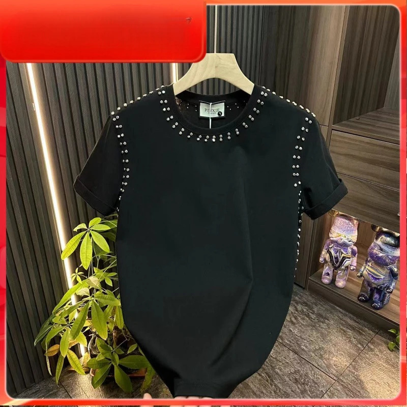 Fashionable mens fried street heavy rivet short sleeved T-shirt for male students Korean version loose fit oversized shirt 250408