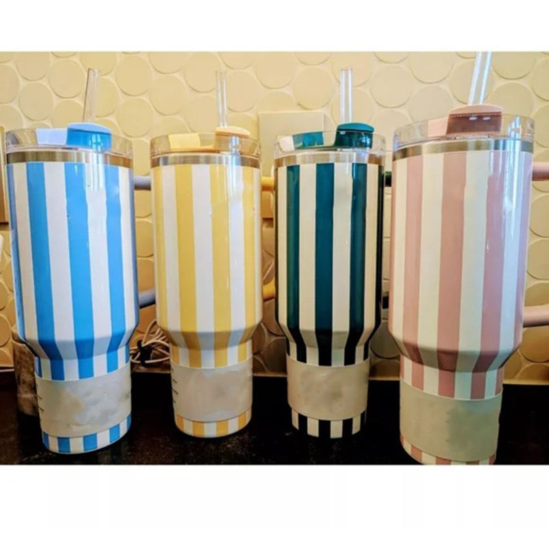 40oz Tumblers Drinkware The Oasis Collection H2.0 40OZ Mugs Cornflower Cabana Gloss Green Stripes Tumblers Insulated Car Cups Stainless Steel Coffee T