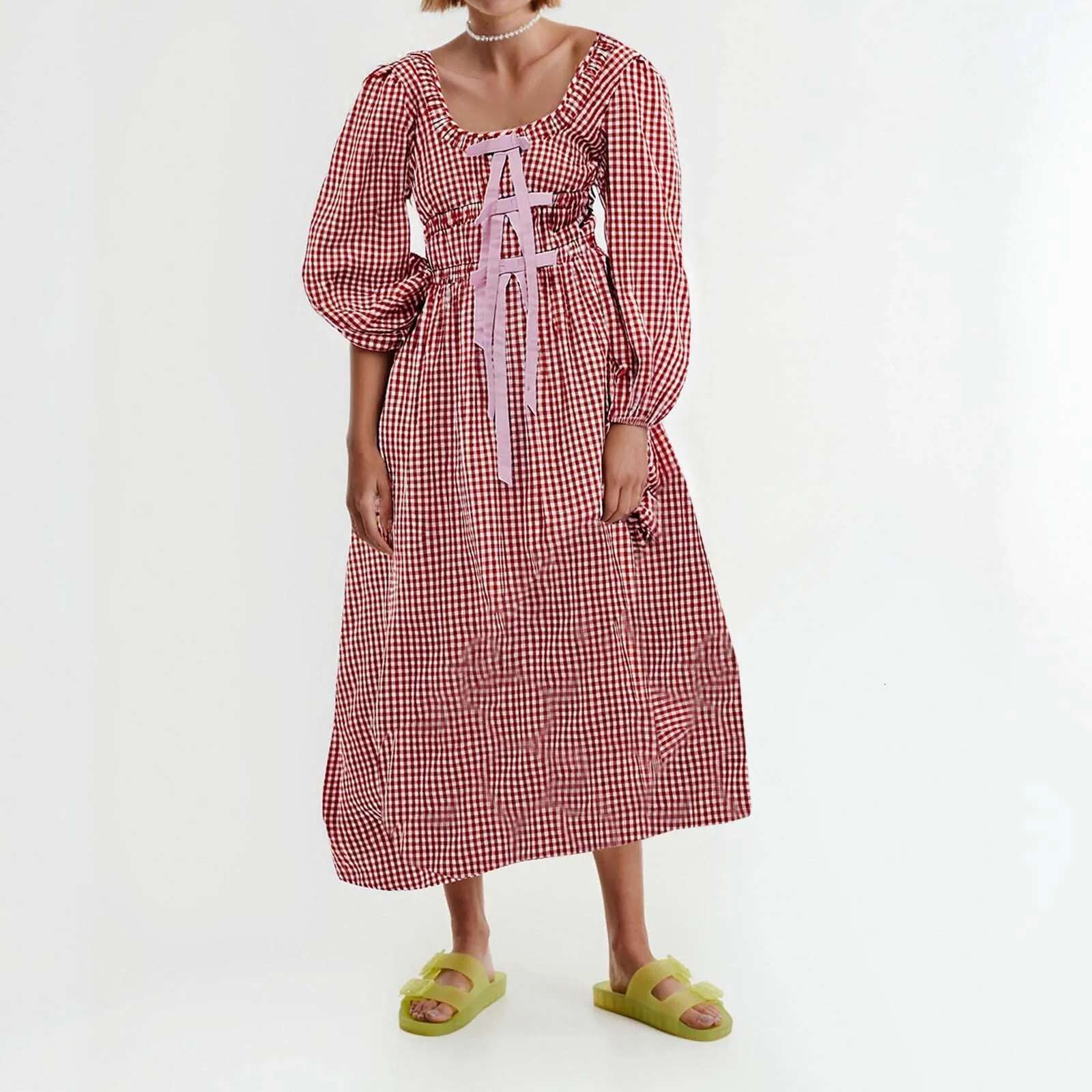 Dongdumaoyi Women Vintage Bow Tie Dress Boho Checkered Long Puff Sleeve Flowy Fall Square Neck Smocked Maxi Dresses