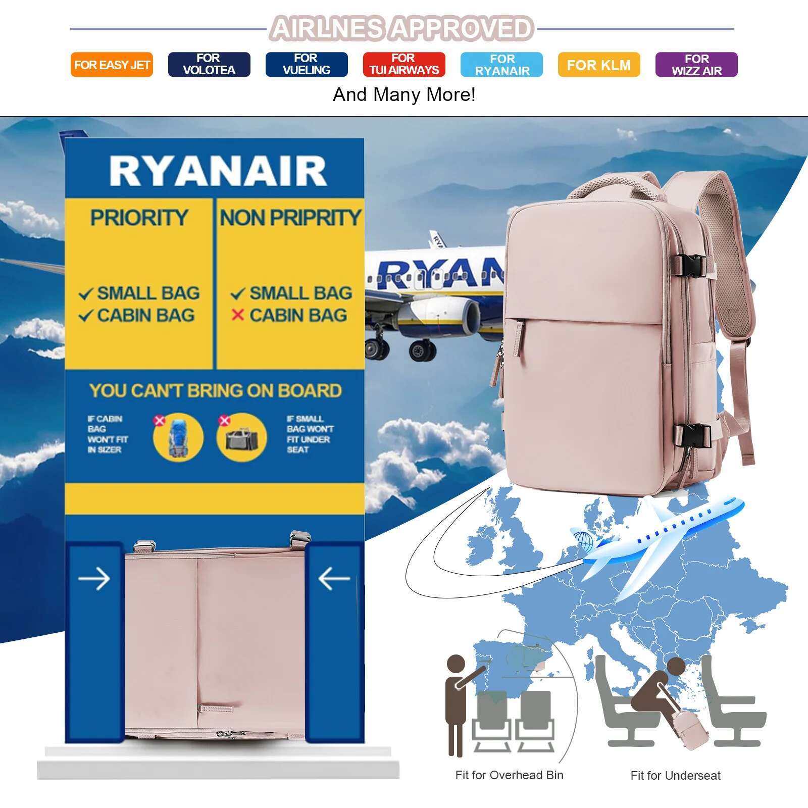 Women Travel Ryanair 40X20x25 Cabin Bag Hand Lage Reinforced Dayback Carry-Ons Laptop Backpack For Men Mochilas Para