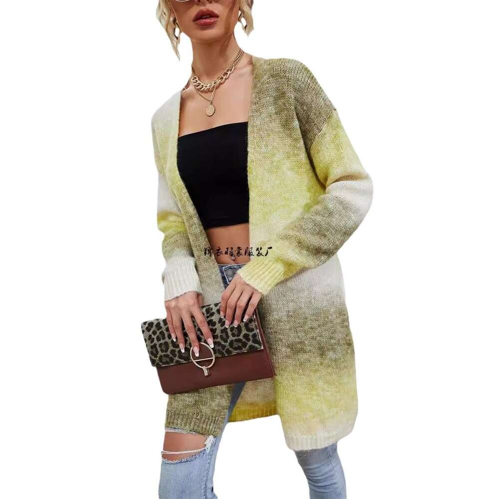 2025 Rainbow Tie-Dye Mid-Length Loose Cardigan women's knitwear Knitted Sweater Coat