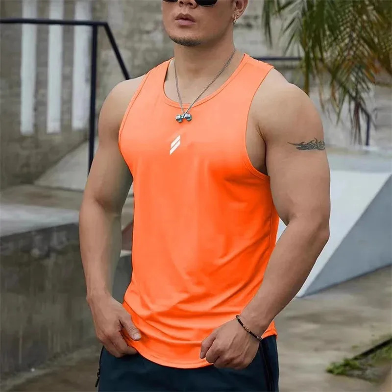 Solid color mens summer vest casual round neck mesh 3D printed sports fitness top sleeveless quick drying training 250409