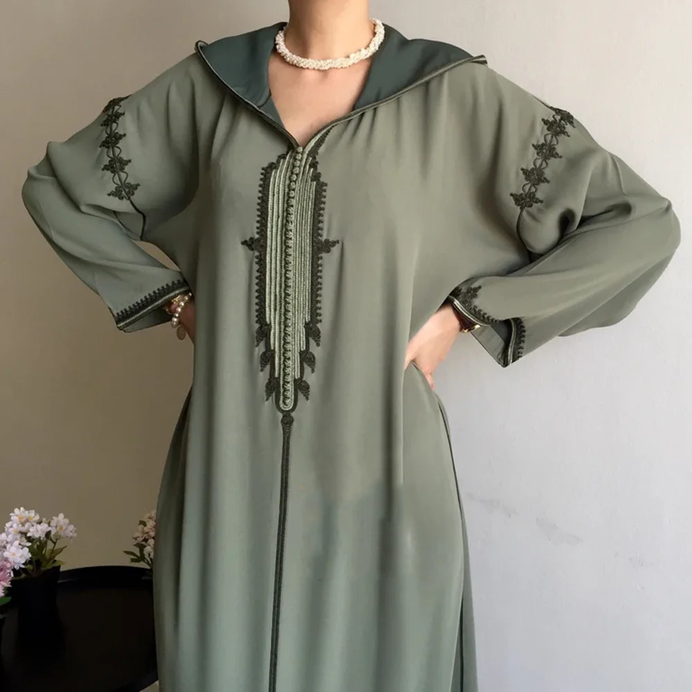 Caftan Marocain Womens Islamic Robe Muslim Women Arab y Loose Hoodie Jilbab Green Dress Turkiye Abaya Dubai 250409