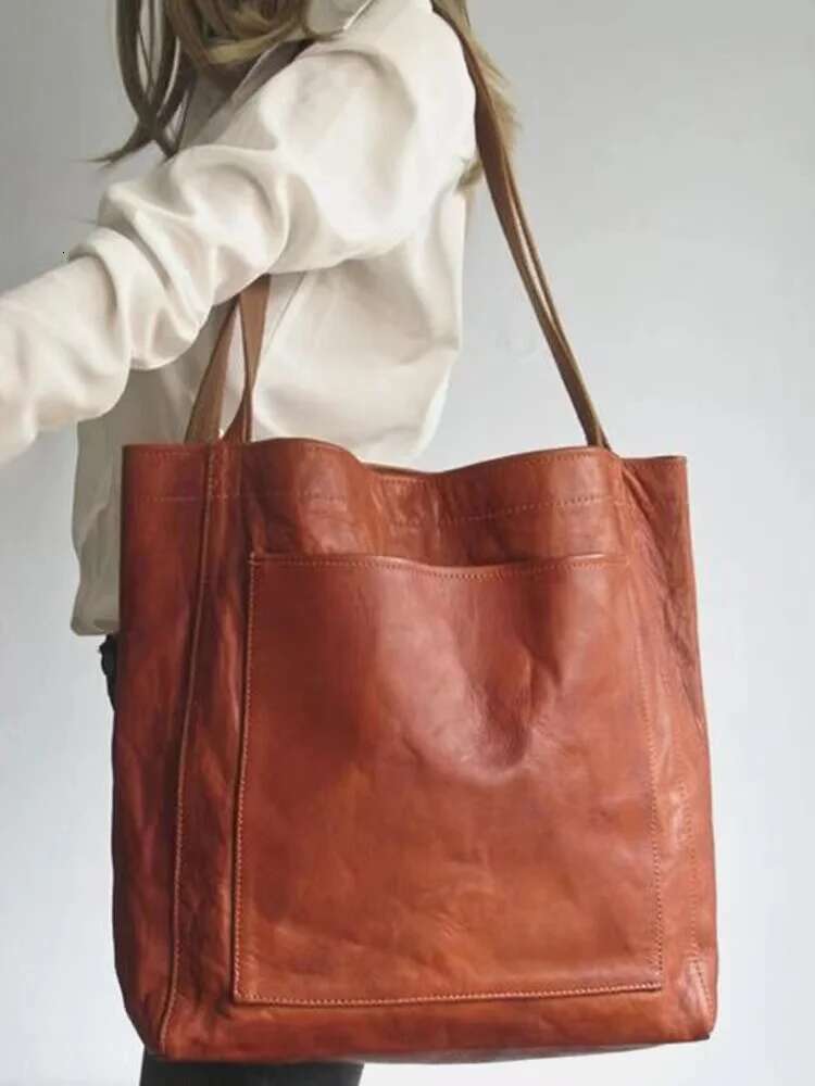Oil And Wax Pu Leather Large Capacity Tote Shoulder For Women Soft Vintage Lady's Handbag Underarm Bag Casual