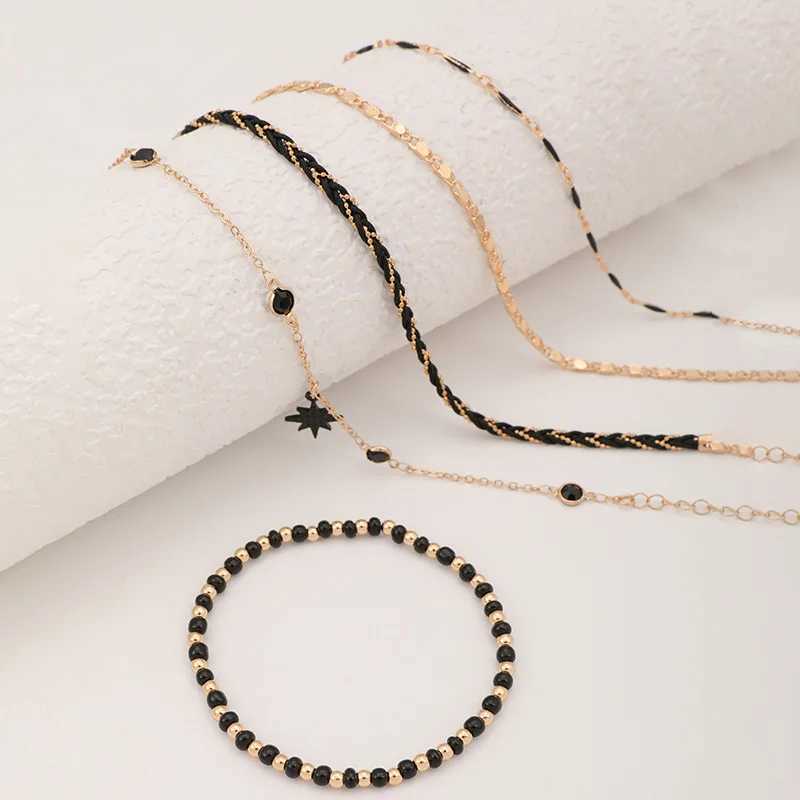 4-5pcs/Set Bohemian Woven Rope Foot Chain for Men and Women Geometric Alloy Black Beads Dropping Oil Anklet Set Z250408