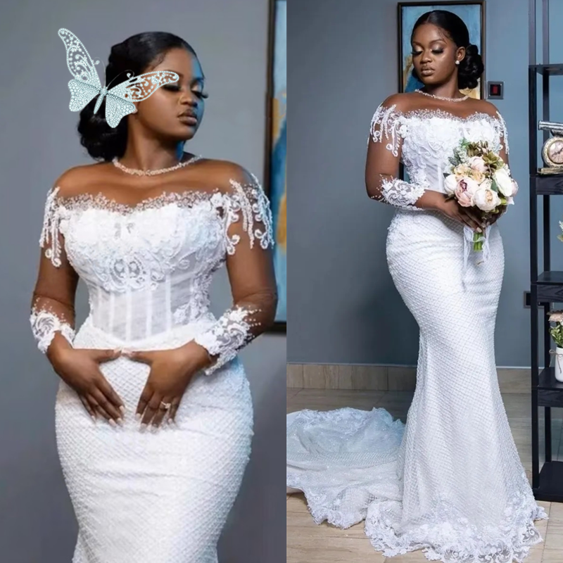 Long Sleeves Lace Mermaid Wedding Dress Floral Appliques Scoop Neck Princess Bridal Gowns Chic Bride Dress Vestido De Noiva Plus Size