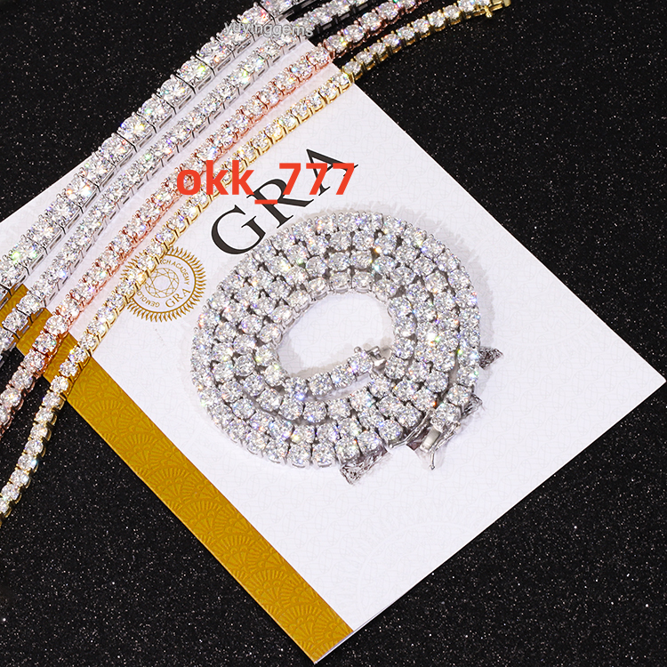 RTS Top Quality 4mm VVS Moissanite Gold Plated 925 Silver Tennis Chain Necklace for Hiphop Jewelry