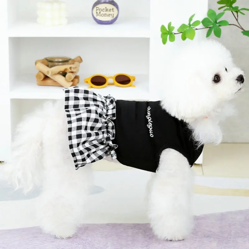 Soft Puppy Summer Outfit - White & Black Plaid Dress for Dogs like Chihuahuas and Bulldogs