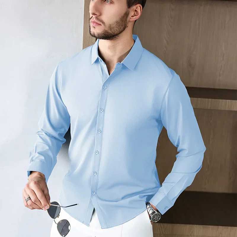 New Mens Business Casual Long Sleeve Solid Color Shirt Wrinkle Resistant Comfortable All Season Versatile Top W250627
