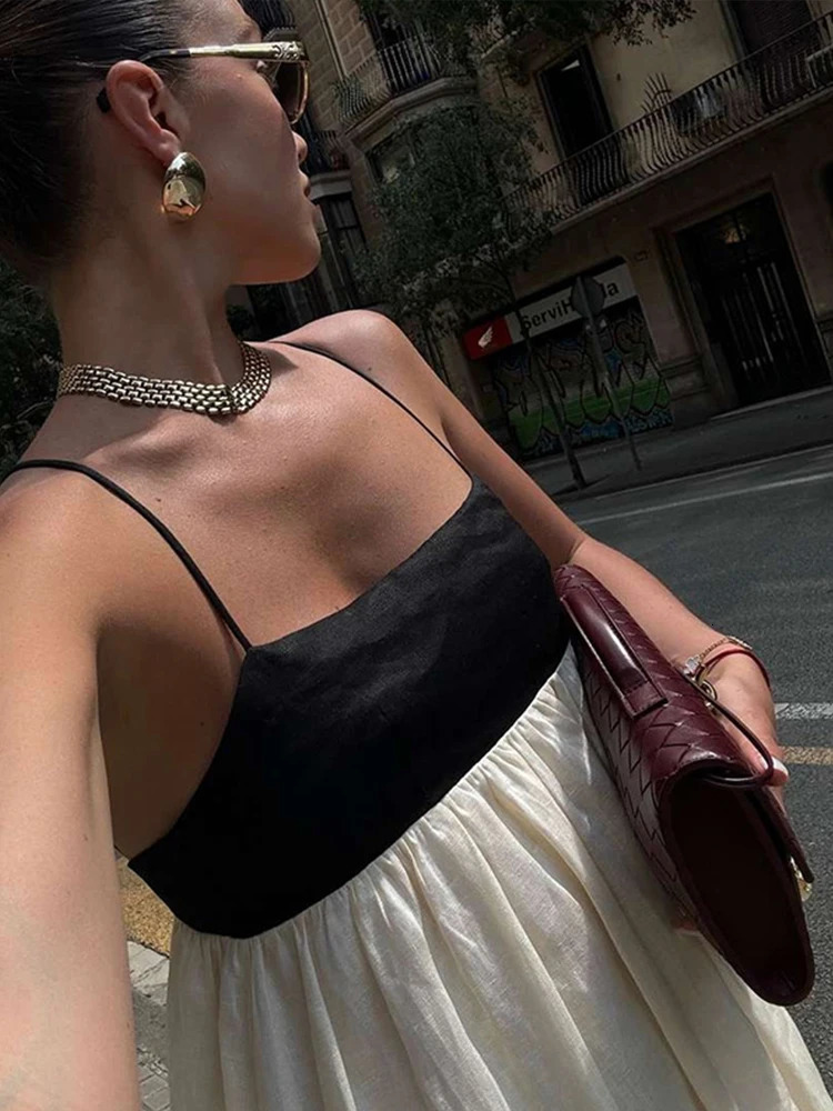 Contrast loose camisole womens dress sleeveless backless square neckline fashionable high waisted summer sexy robe 250409