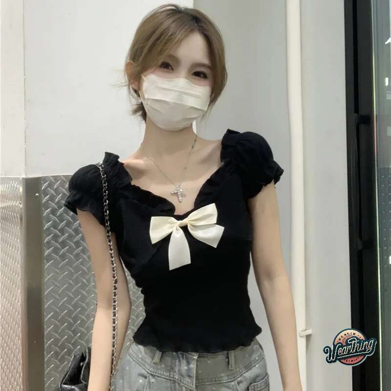 Fashion T-shirt Sweet Bowknot Women Pulovers Casual Short T-Shirt Top Puff Sleeve Women's Summer Tops Y2k Clothes
